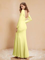 Robe Sirène en Mousseline à Manches Longues avec Fente Jonquille Grande Taille