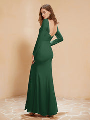 Robe Sirène en Mousseline à Manches Longues avec Fente Vert Foncé Grande Taille