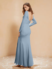 Robe Sirène en Mousseline à Manches Longues avec Fente Bleu Poudré Grande Taille