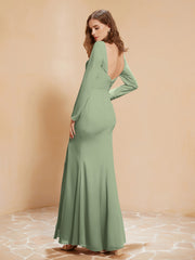 Robe Sirène en Mousseline à Manches Longues avec Fente Sauge Poudrée Grande Taille