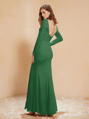 Robe Sirène en Mousseline à Manches Longues avec Fente Emeraude Grande Taille