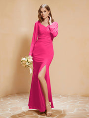 Robe Sirène en Mousseline à Manches Longues avec Fente Fuchsia Grande Taille
