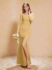Robe Sirène en Mousseline à Manches Longues avec Fente Or