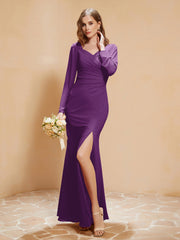 Robe Sirène en Mousseline à Manches Longues avec Fente Raisin Grande Taille