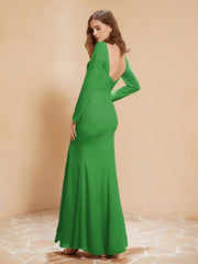 Robe Sirène en Mousseline à Manches Longues avec Fente Vert Grande Taille