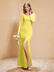 Robe Sirène en Mousseline à Manches Longues avec Fente Citron