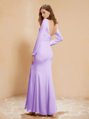Robe Sirène en Mousseline à Manches Longues avec Fente Lilas Grande Taille