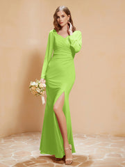 Robe Sirène en Mousseline à Manches Longues avec Fente Vert Citron Grande Taille