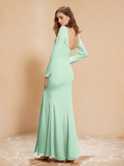 Robe Sirène en Mousseline à Manches Longues avec Fente Vert Menthe Grande Taille