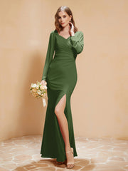 Robe Sirène en Mousseline à Manches Longues avec Fente Mousse
