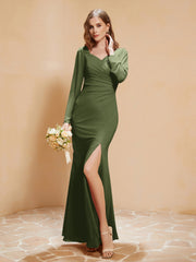 Robe Sirène en Mousseline à Manches Longues avec Fente Olive Verte Grande Taille