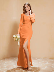 Robe Sirène en Mousseline à Manches Longues avec Fente Orange Grande Taille
