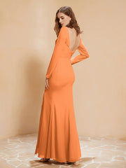 Robe Sirène en Mousseline à Manches Longues avec Fente Orange Grande Taille