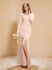 Robe Sirène en Mousseline à Manches Longues avec Fente Rose Perle
