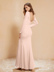 Robe Sirène en Mousseline à Manches Longues avec Fente Rose Perle Grande Taille