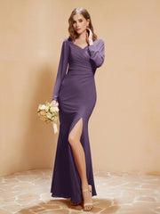 Robe Sirène en Mousseline à Manches Longues avec Fente Plum Grande Taille