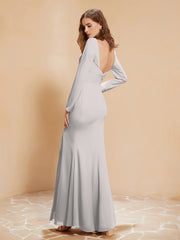 Robe Sirène en Mousseline à Manches Longues avec Fente Argent Grande Taille