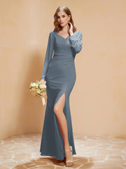 Robe Sirène en Mousseline à Manches Longues avec Fente Bleu de Schiste