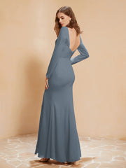 Robe Sirène en Mousseline à Manches Longues avec Fente Bleu de Schiste Grande Taille