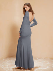 Robe Sirène en Mousseline à Manches Longues avec Fente Gris Acier Grande Taille