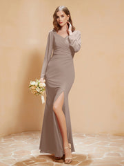 Robe Sirène en Mousseline à Manches Longues avec Fente Taupe