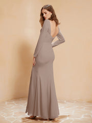 Robe Sirène en Mousseline à Manches Longues avec Fente Taupe Grande Taille
