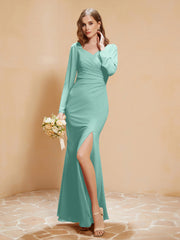 Robe Sirène en Mousseline à Manches Longues avec Fente Turquoise Grande Taille