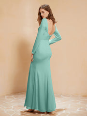 Robe Sirène en Mousseline à Manches Longues avec Fente Turquoise Grande Taille