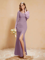 Robe Sirène en Mousseline à Manches Longues avec Fente Vintage Mauve