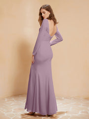 Robe Sirène en Mousseline à Manches Longues avec Fente Vintage Mauve Grande Taille