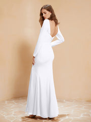 Robe Sirène en Mousseline à Manches Longues avec Fente Blanc