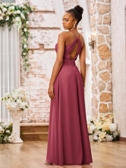 Maxi Robe Plissée en Mousseline à Bretelles Spaghetti Croisées Cannelle Rose