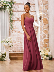 Maxi Robe Plissée en Mousseline à Bretelles Spaghetti Croisées Cannelle Rose