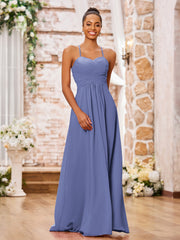 Maxi Robe Plissée en Mousseline à Bretelles Spaghetti Croisées Pervenche