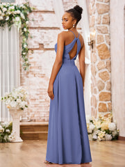 Maxi Robe Plissée en Mousseline à Bretelles Spaghetti Croisées Pervenche