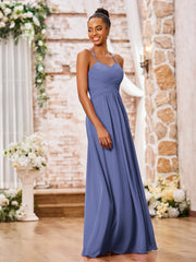 Maxi Robe Plissée en Mousseline à Bretelles Spaghetti Croisées Pervenche