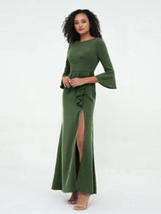 Sirène Sexy Robes Trompette Manches Longues avec Fente Olive Verte Grande Taille