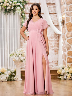 Maxi Robe en Mousseline à Col en V et Manches Courtes avec Fente Rose Poudré