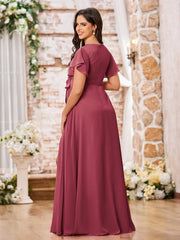 Maxi Robe en Mousseline à Col en V et Manches Courtes avec Fente Cannelle Rose