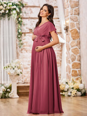 Maxi Robe en Mousseline à Col en V et Manches Courtes avec Fente Cannelle Rose