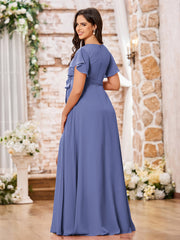 Maxi Robe en Mousseline à Col en V et Manches Courtes avec Fente Pervenche