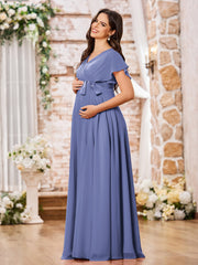 Maxi Robe en Mousseline à Col en V et Manches Courtes avec Fente Pervenche