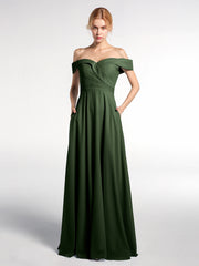 Robe à Hors de l'Épaule Jupe Ronde avec Poches Olive Verte