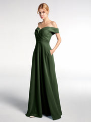 Robe à Hors de l'Épaule Jupe Ronde avec Poches Olive Verte