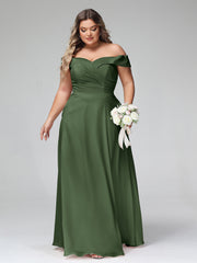 Robe à Hors de l'Épaule Jupe Ronde avec Poches Olive Verte Grande Taille