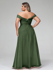 Robe à Hors de l'Épaule Jupe Ronde avec Poches Olive Verte Grande Taille