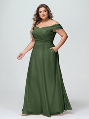Robe à Hors de l'Épaule Jupe Ronde avec Poches Olive Verte Grande Taille
