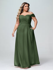 Robe à Hors de l'Épaule Jupe Ronde avec Poches Olive Verte Grande Taille