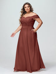 Robe à Hors de l'Épaule Jupe Ronde avec Poches terracotta Grande Taille