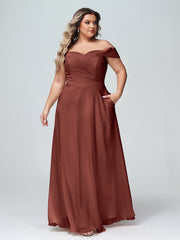 Robe à Hors de l'Épaule Jupe Ronde avec Poches terracotta Grande Taille
